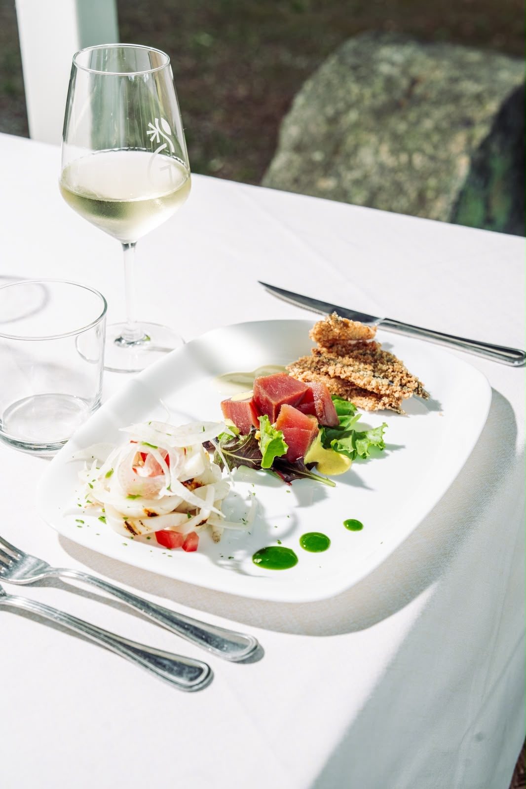 Antipasto misto, tartare di tonno e pesce impanato